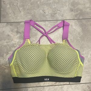 VSX SPORT bra size 32D. Base grey, top netting yellow, bottom black,strap purple